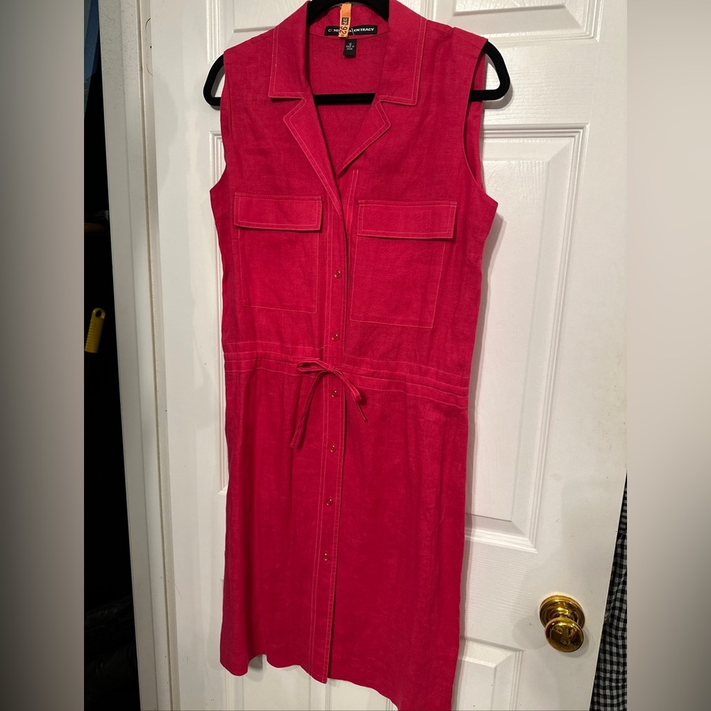Linda Allard Ellen Tracy linen Size 10 Magenta Pink sleeveless shirtdress